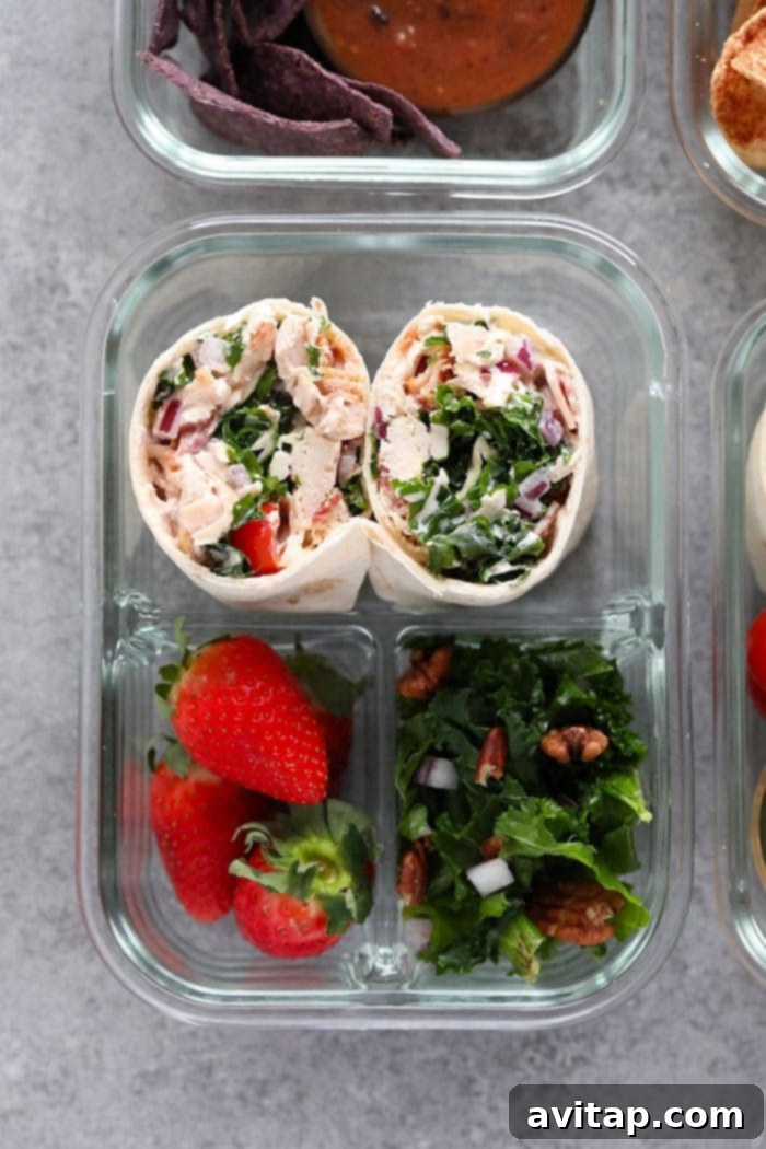 Healthy BLT Chicken Salad Wrap Bento Box Healthy BLT Chicken Salad Wrap Bento Box with kale salad and chips