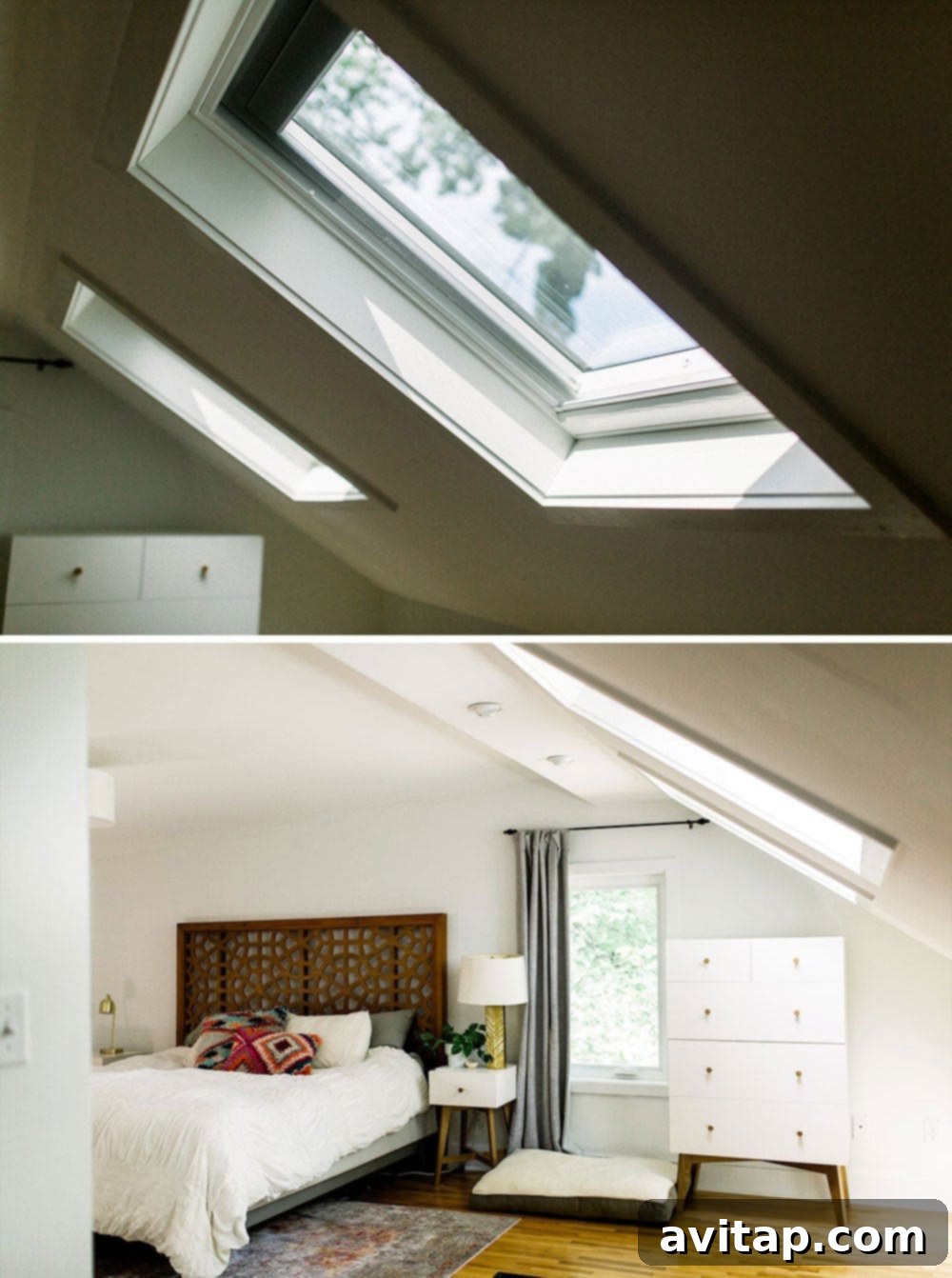 VELUX Active System app interface on a smartphone, demonstrating smart control over skylights and blinds.