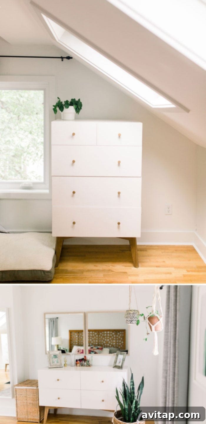 Close-up of a modern tall dresser with plants and decorative items, showcasing minimalist design.