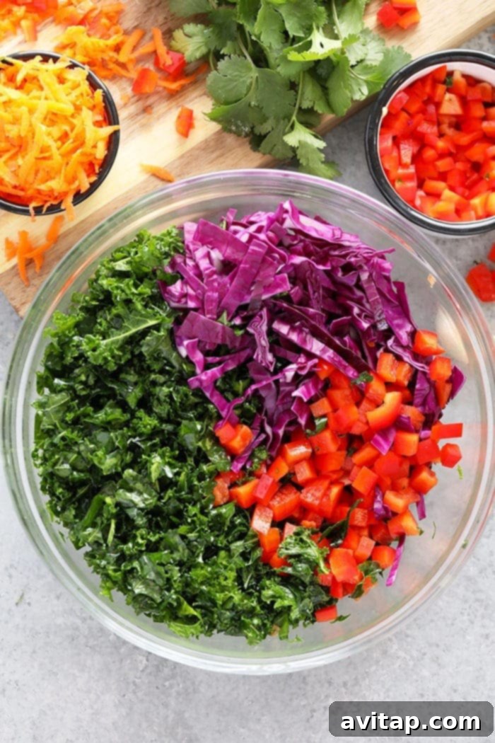 Close-up of Fresh Asian Kale Salad Ingredients
