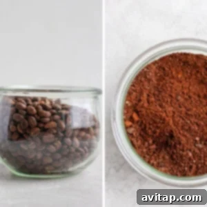 Two pictures demonstrating coarse coffee grounds in a glass jar.