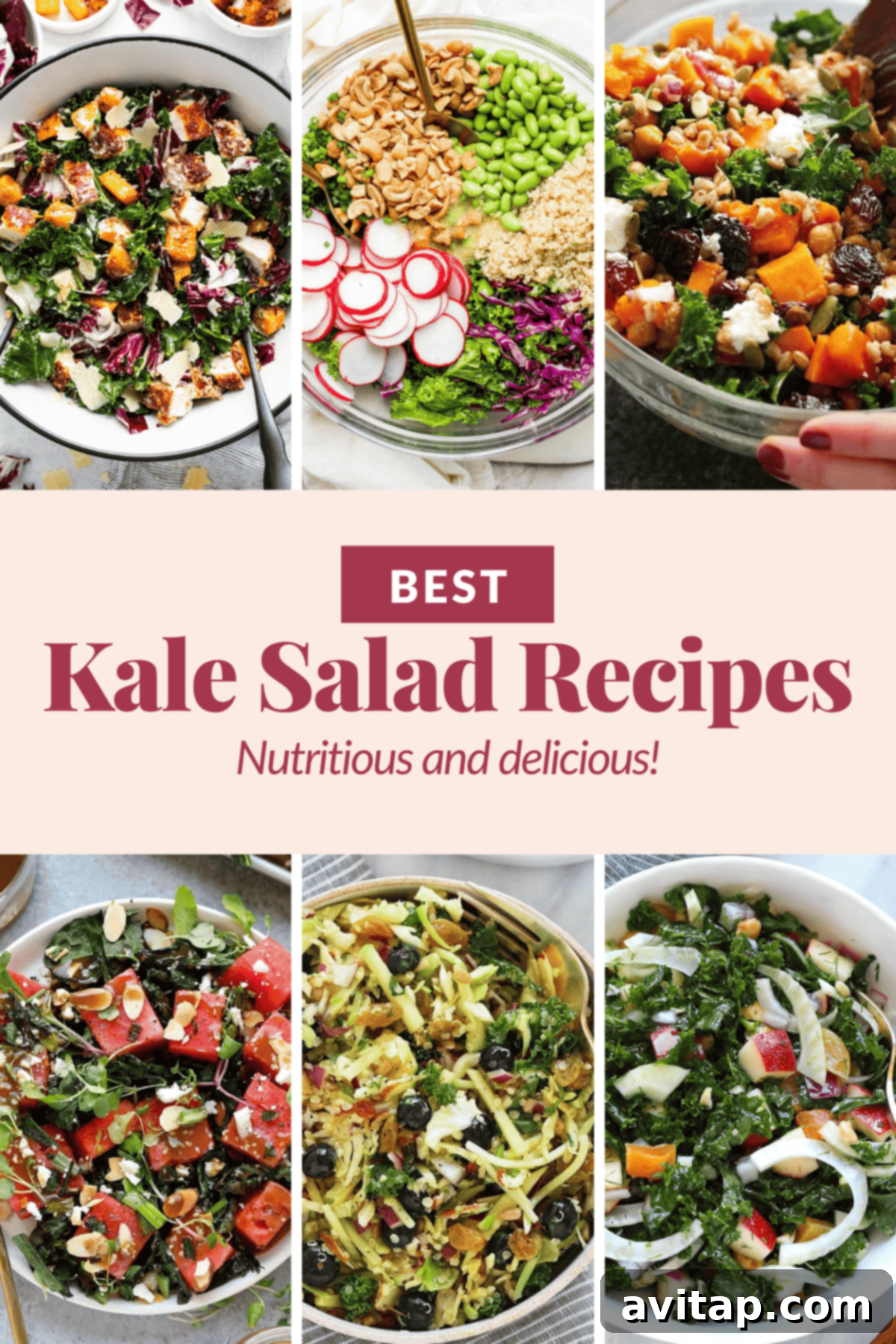 A collage of various kale salad recipes. A banner in the center reads: "Best Kale Salad Recipes. Nutritious and delicious! Discover your new favorite kale salad recipe today!