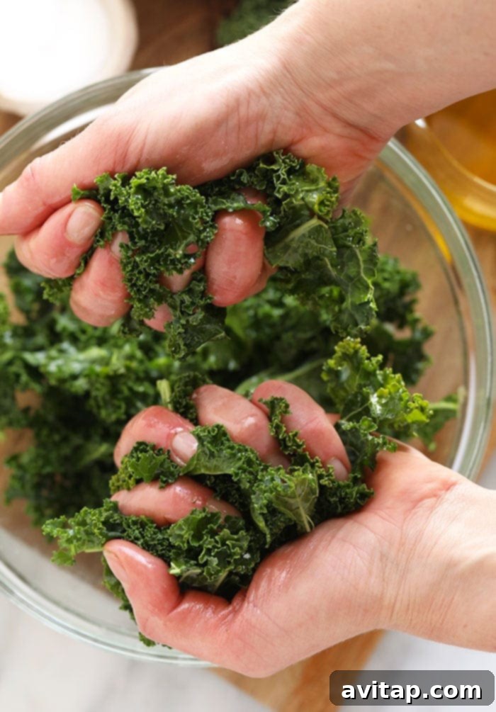 Two hands gently massaging fresh kale in a bowl, preparing it for a delicious salad.