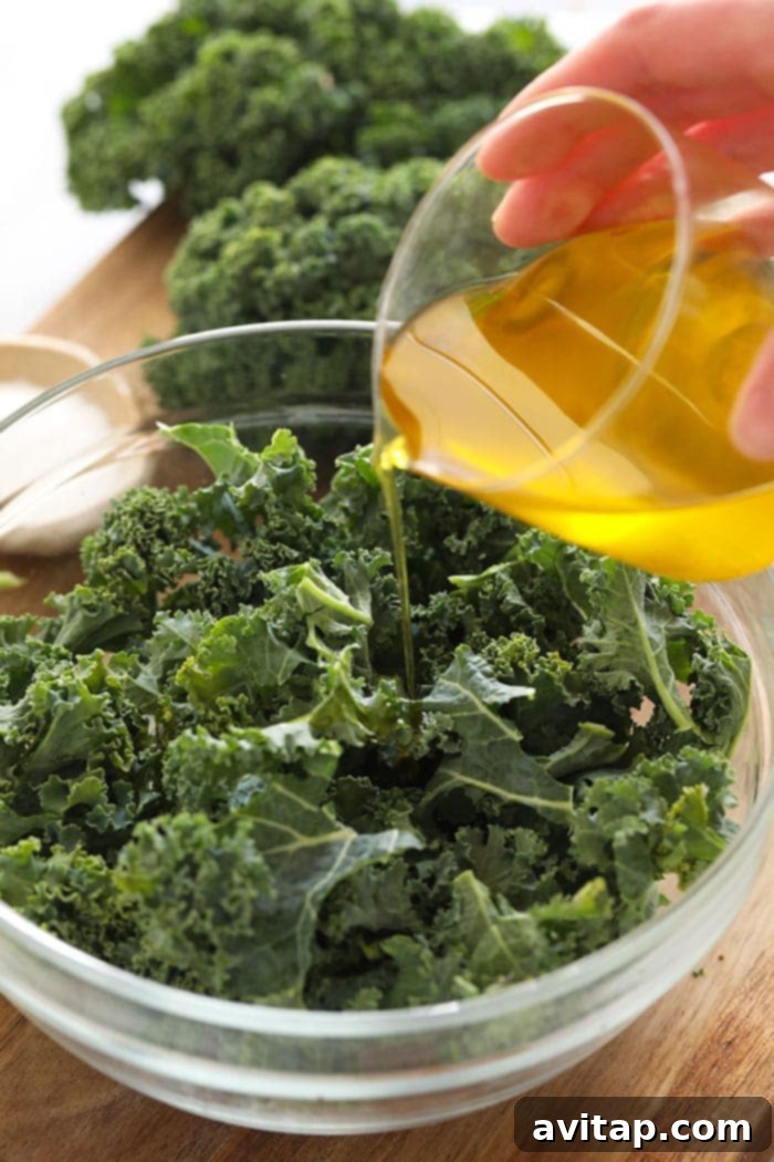 Olive oil being drizzled over a bowl of fresh, chopped kale, ready for massaging.