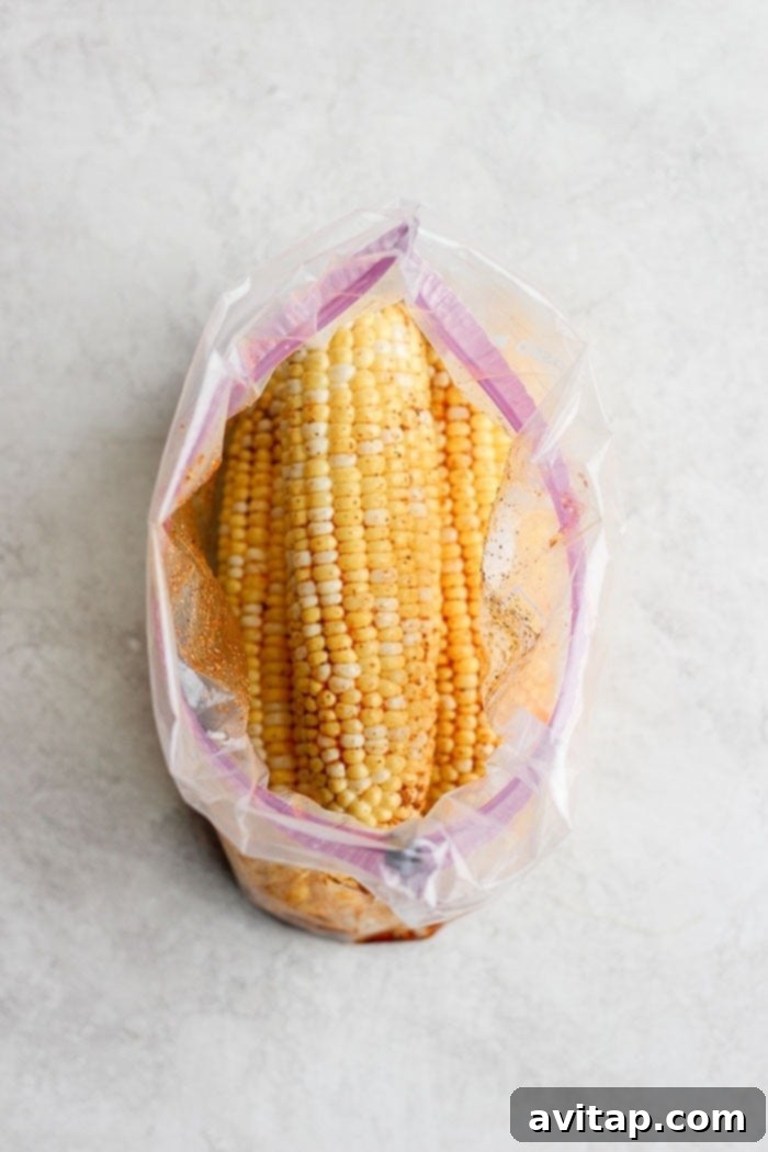 Ears of corn on the cob seasoned with spices in a plastic bag for easy coating.
