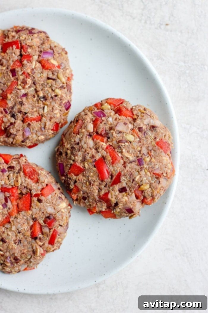 Formed Black Bean Quinoa Burger Patties Neatly formed black bean quinoa burger patties arranged on a plate.