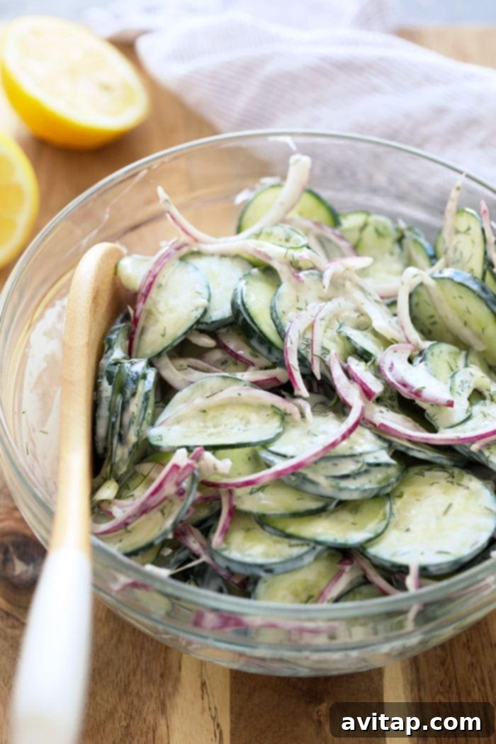 A beautifully presented bowl of creamy cucumber salad, garnished with fresh dill, ready to be served. Ideal for summer BBQs and healthy meal prep.