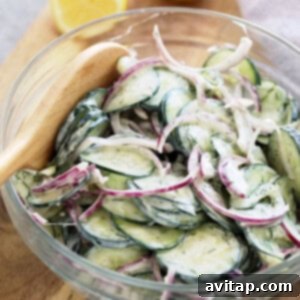 Creamy cucumber salad in a bowl, a healthy and delicious side dish.