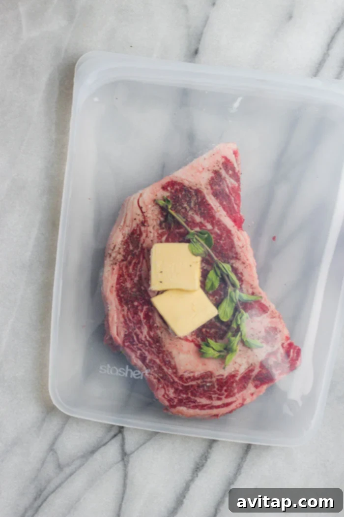 Raw steak in a sealed bag with butter and fresh herbs, ready for the sous vide water bath.