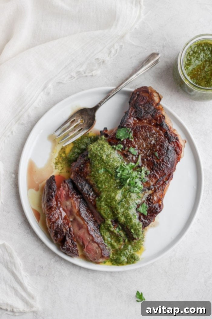 Exquisite sous vide steak, perfectly sliced and topped with vibrant chimichurri sauce on a plate.