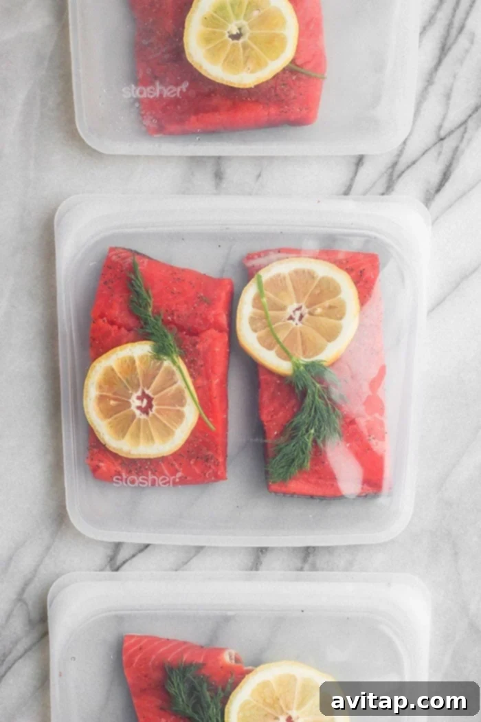 Sous vide salmon sealed in Stasher bags, ready for the water bath.