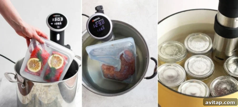 Buttery Tender Sous Vide Salmon 2 Collage of various dishes prepared using the sous vide cooking method.