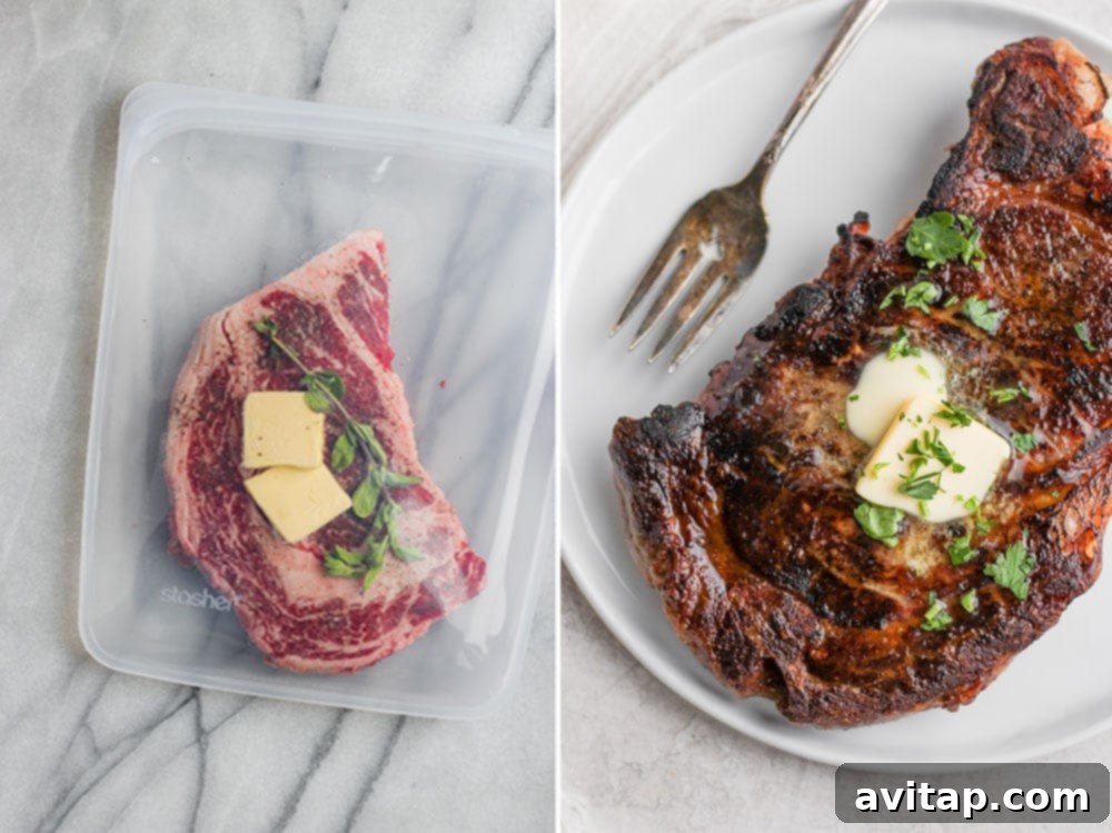 Perfectly seared sous vide steak, cooked to medium-rare