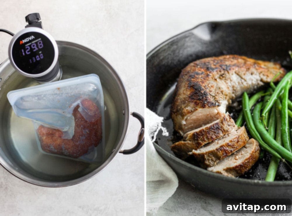 Perfectly cooked sous vide pork tenderloin, sliced