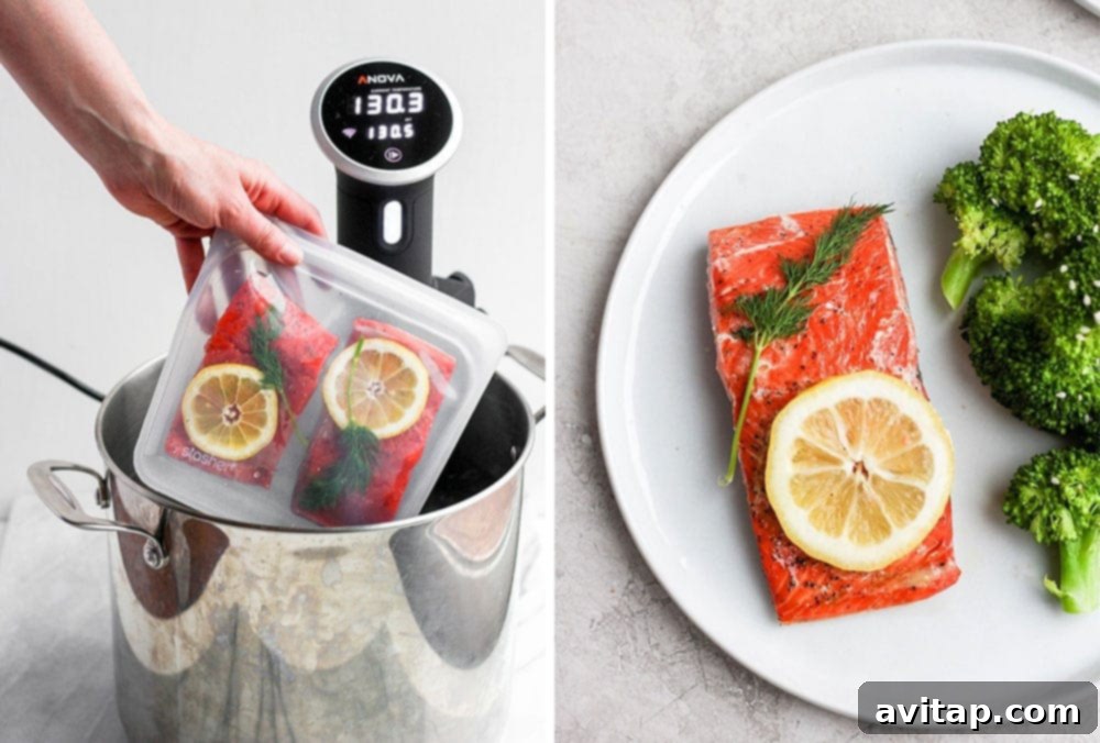 Perfectly cooked sous vide salmon fillet with herbs and lemon