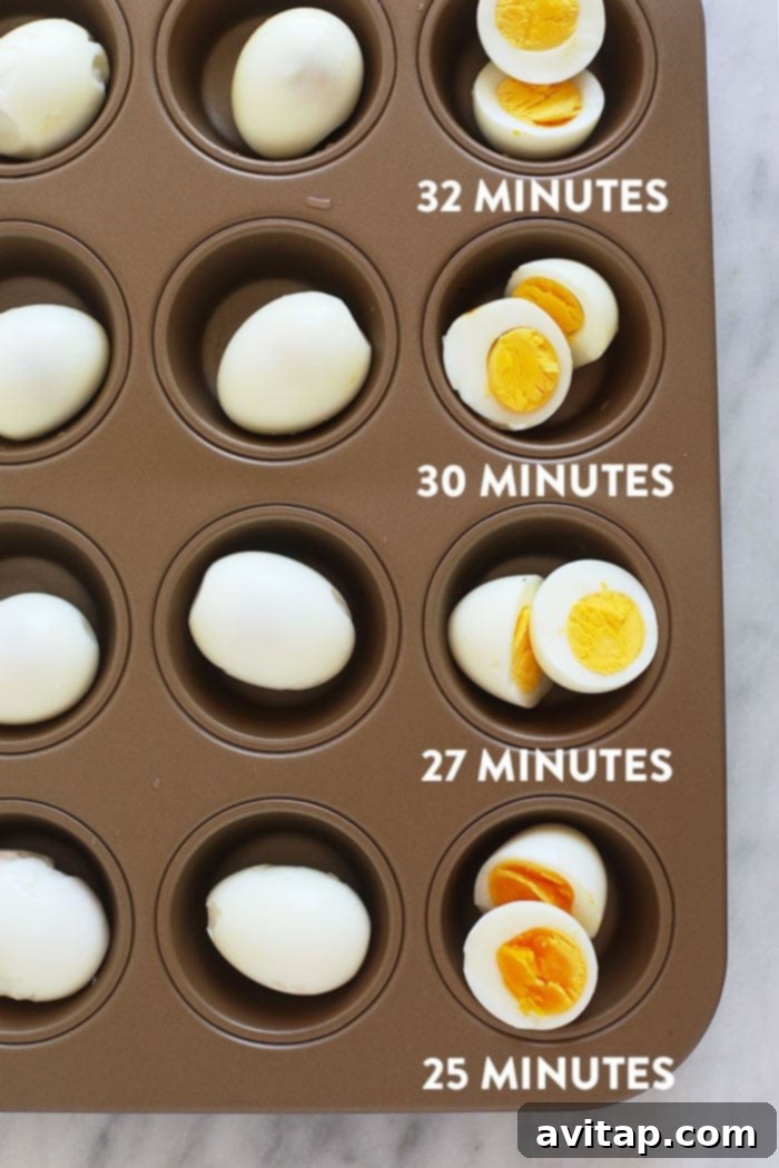 A visual guide displaying hard-boiled egg yolks cooked for various durations: 25, 27, 30, and 32 minutes, illustrating different consistencies.