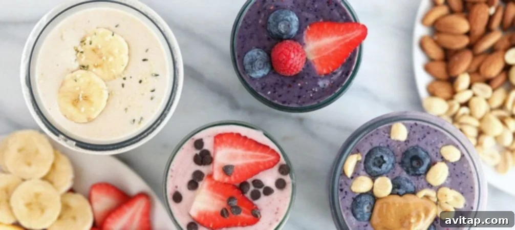 Complete Superfood Protein Boost 2 Assortment of healthy protein shakes on a counter.
