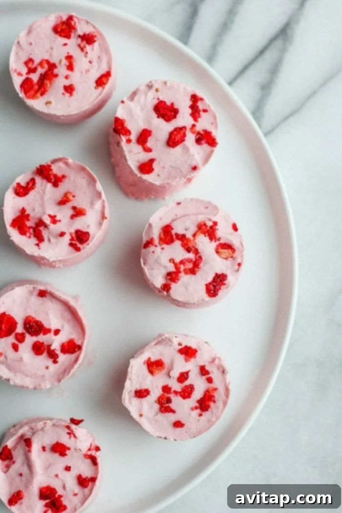 Three raspberry cheesecake fat bombs elegantly arranged on a white plate