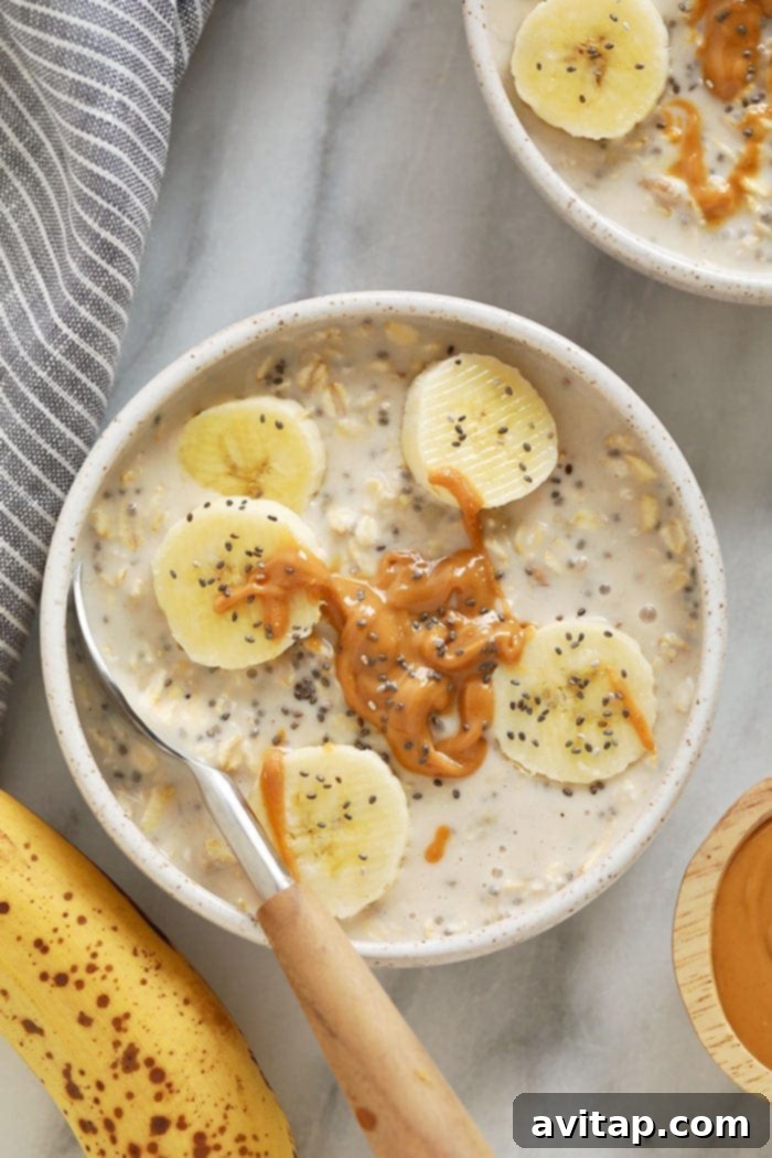 Creamy Banana Overnight Oats: The perfect start to your day. Creamy banana overnight oats in a bowl, ready to be enjoyed.