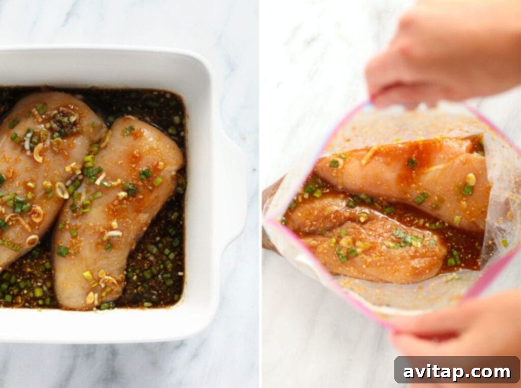 Chicken Marinating in Teriyaki Sauce Marinated chicken breasts ready to be cooked, infused with homemade teriyaki sauce.