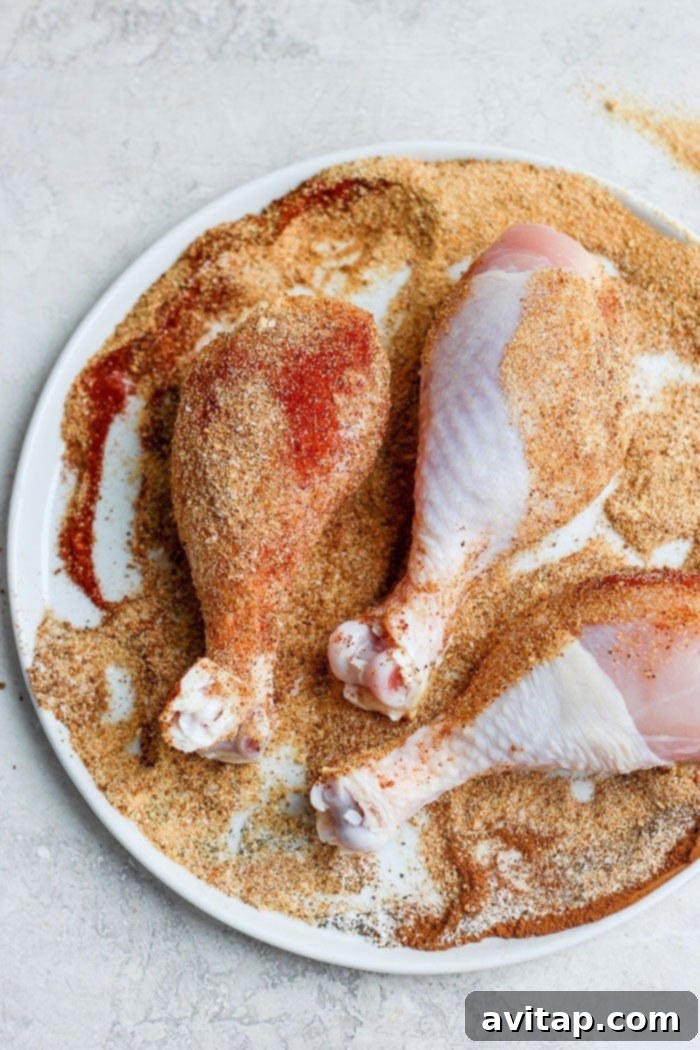 Raw chicken drumsticks generously coated with a savory dry rub, ready for the grill.