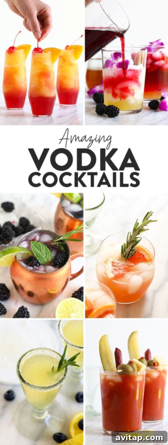 Assortment of vibrant vodka cocktails with fresh garnishes