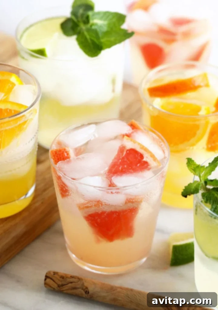 A variety of hard seltzer drinks with ice, fruit, and mint on a cutting board.