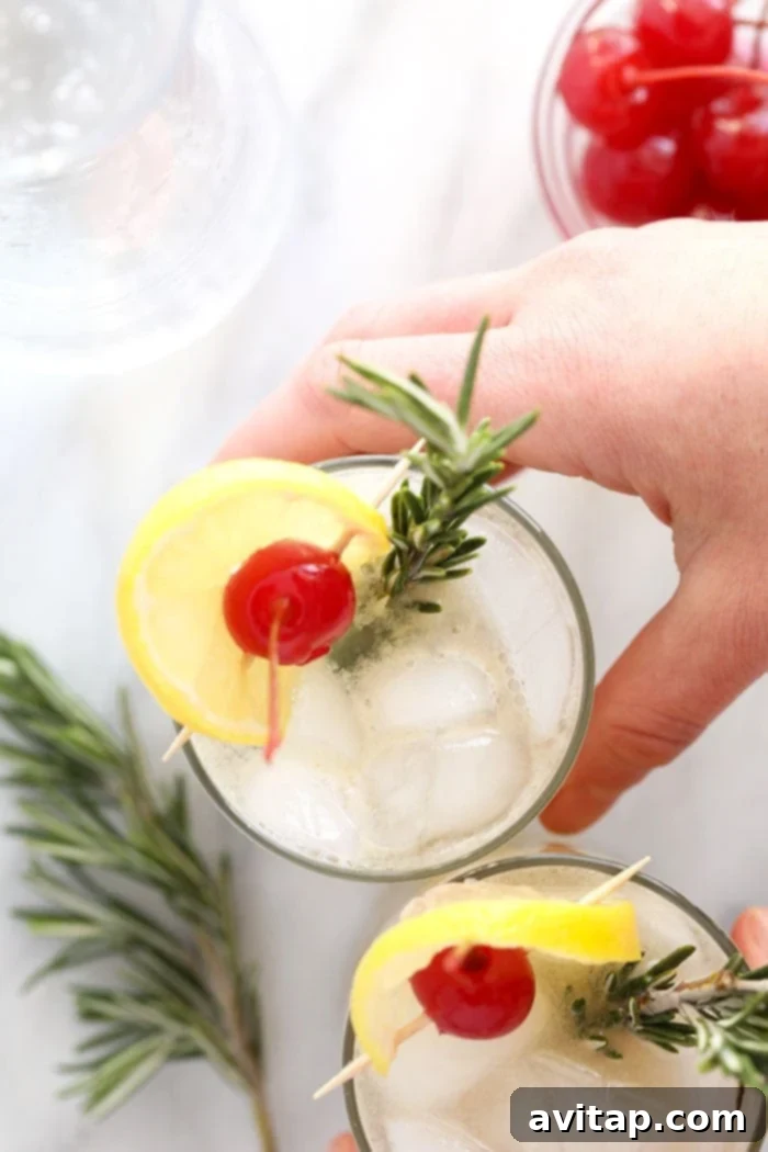A person holding a glass of Rosemary Vodka Collins with cherries and rosemary garnish.