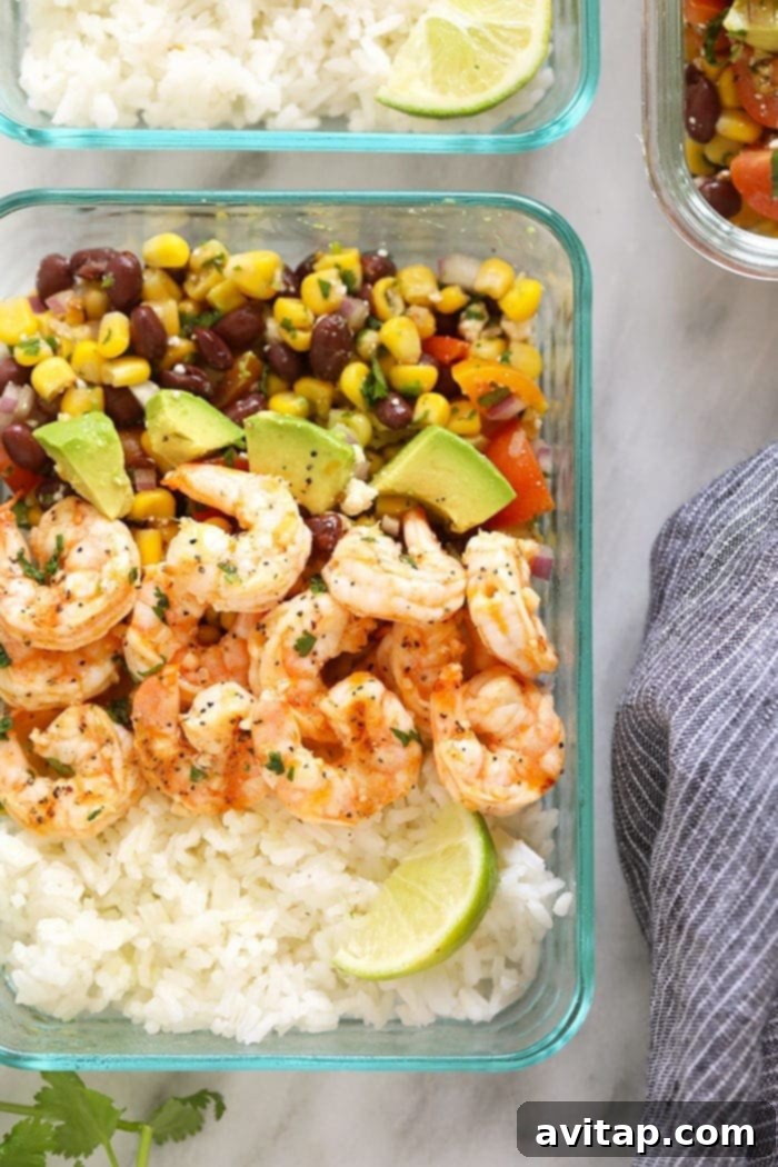 Assembled grilled shrimp meal prep bowl, ready for the week.