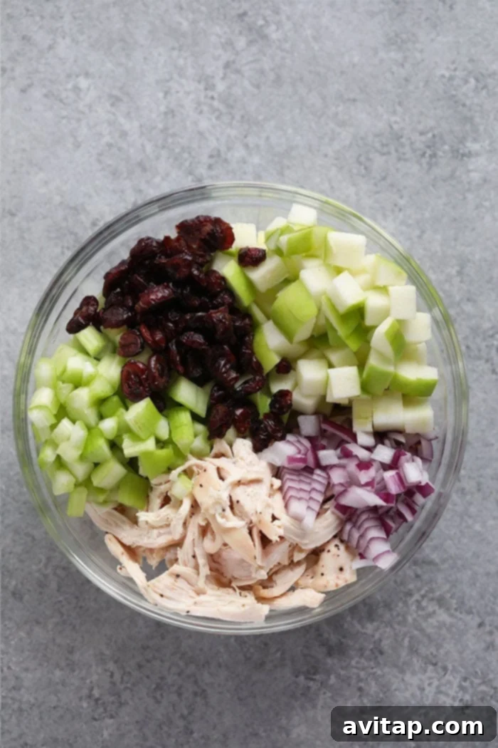 Ingredients for Greek Yogurt Chicken Salad in a bowl