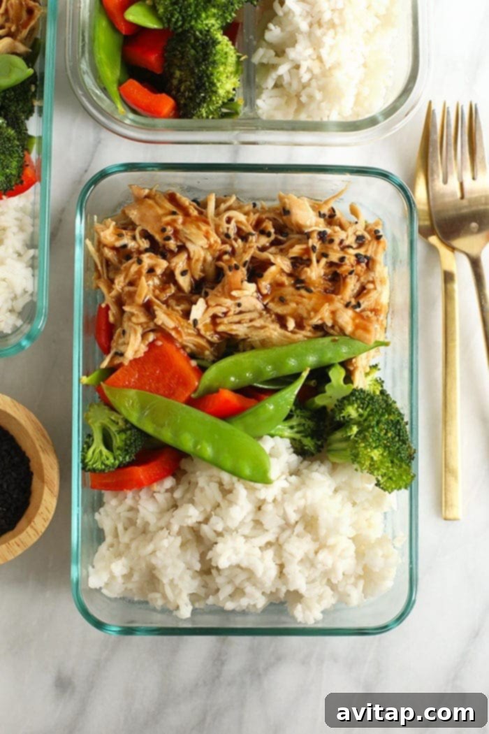 Meal Prep: Easiest Crock Pot Teriyaki Chicken with Stir-Fried Veggies and White Rice Teriyaki chicken and stir-fried vegetables in meal prep containers with white rice, ready for the week.