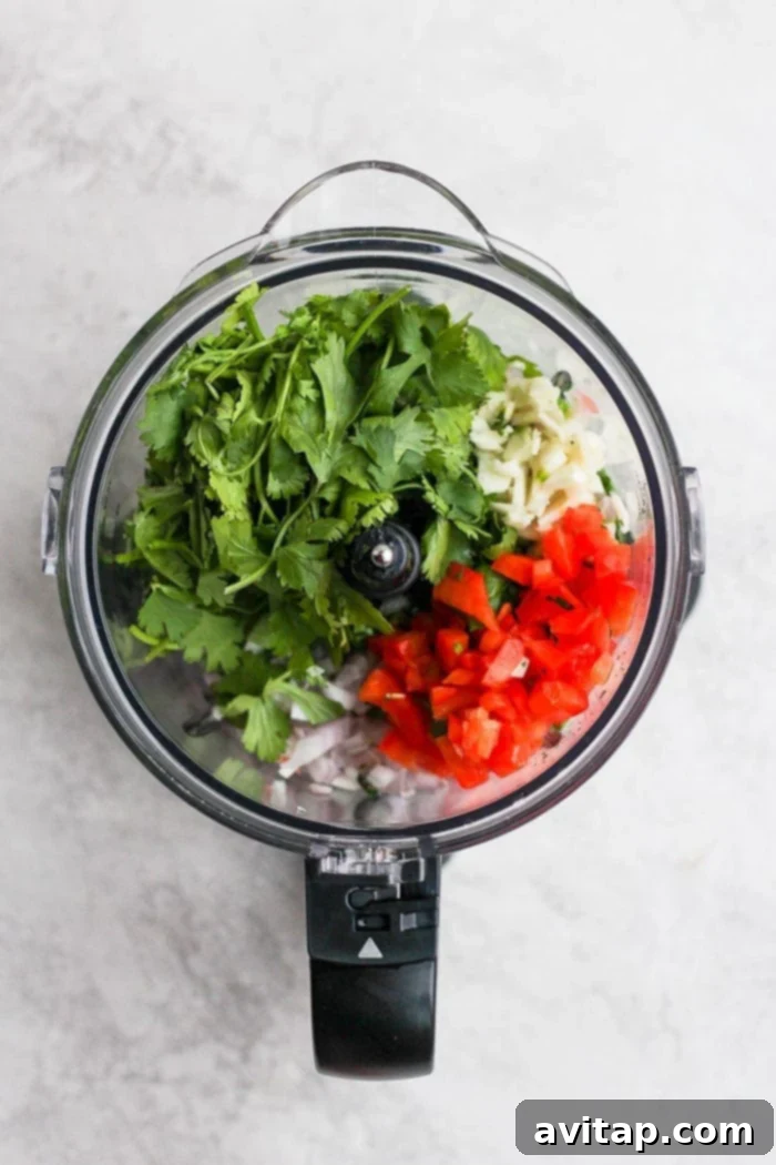 Fresh chimichurri sauce ingredients ready to be blended in a food processor