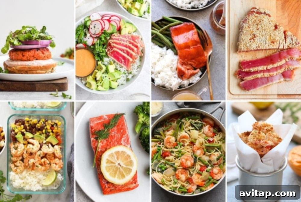 An inviting arrangement of healthy seafood dinner ideas, including various fish and shellfish dishes.