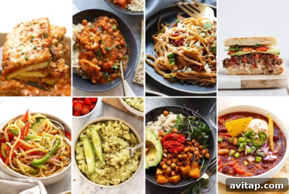 A colorful array of healthy vegetarian dinner ideas, showcasing fresh produce and satisfying plant-based options.