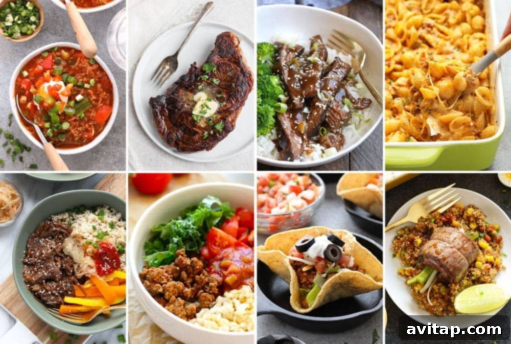 A comforting display of healthy dinner ideas featuring beef, from stews to stir-fries.