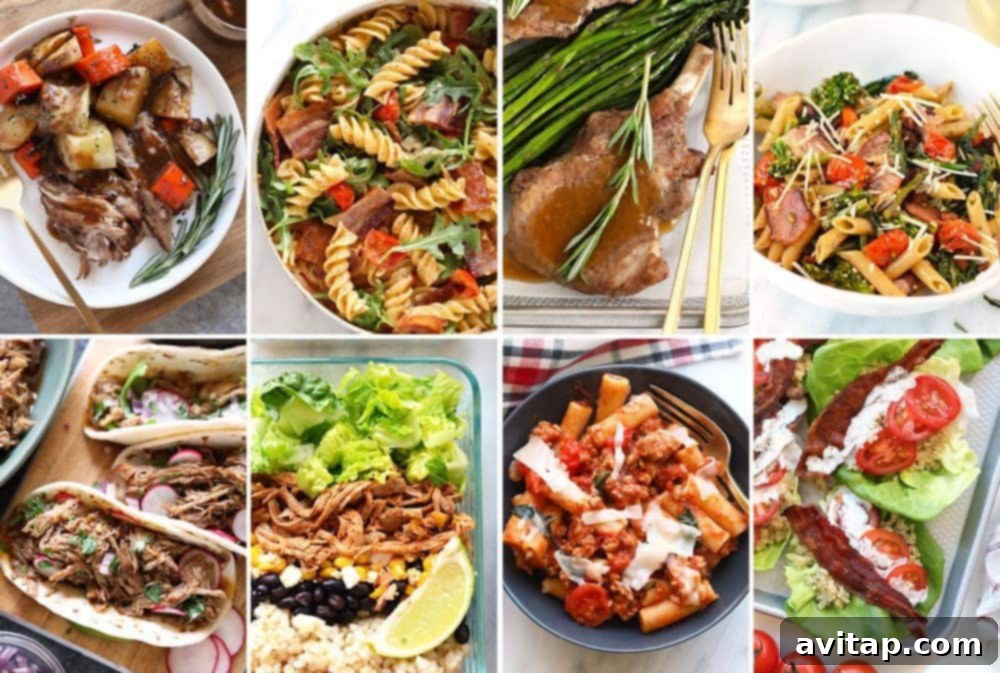 A collection of appetizing healthy dinner ideas featuring pork, showcasing its versatility.