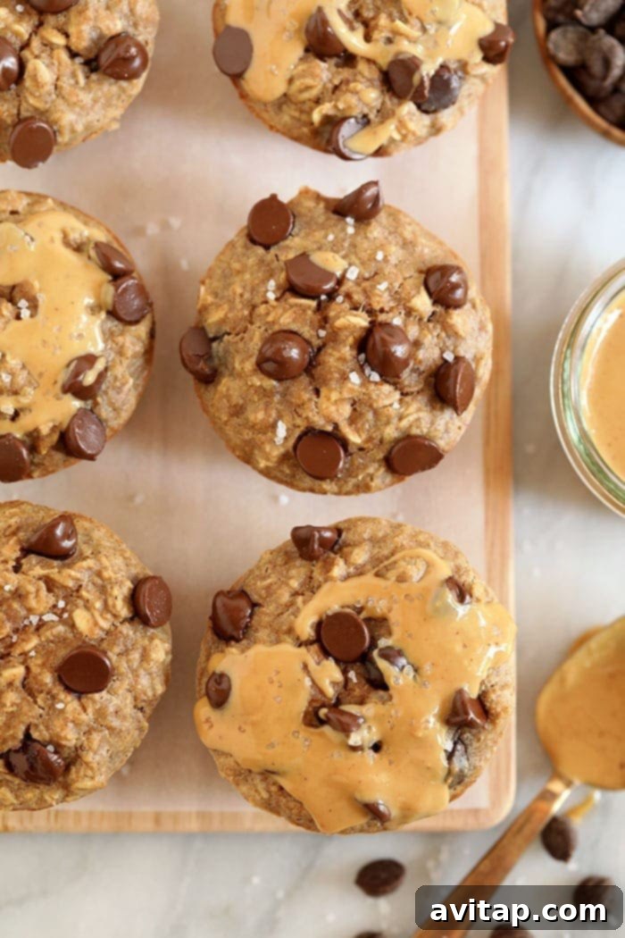 Close-up of perfectly baked chocolate chip oatmeal cups in a muffin tin, sprinkled with sea salt.