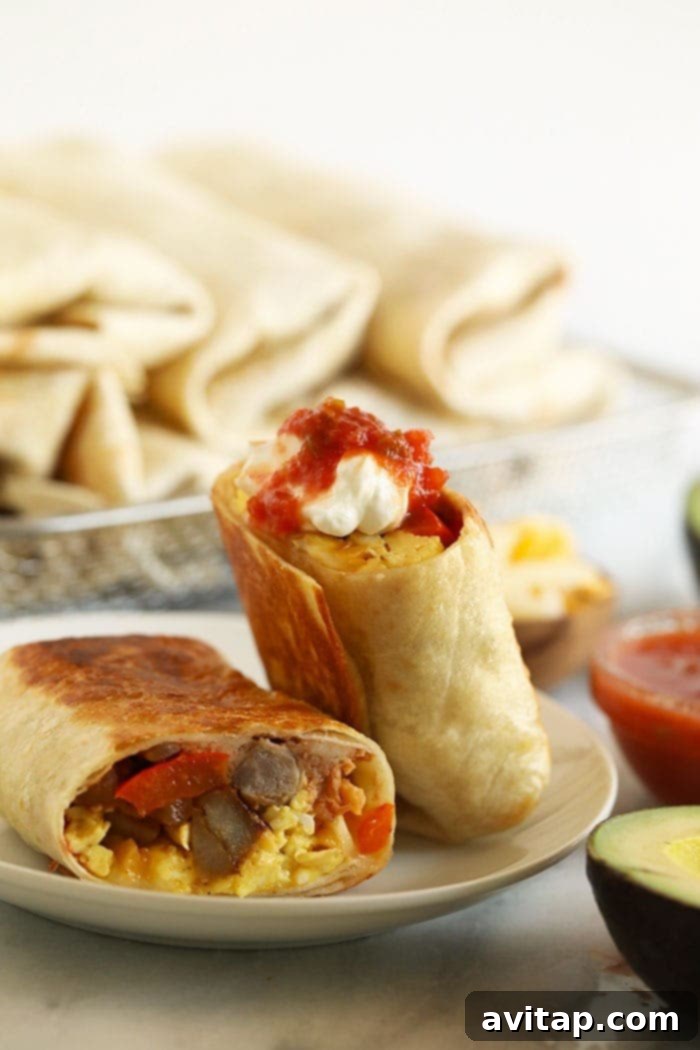 Delicious Fajita breakfast burrito on a plate, garnished and ready to be enjoyed.