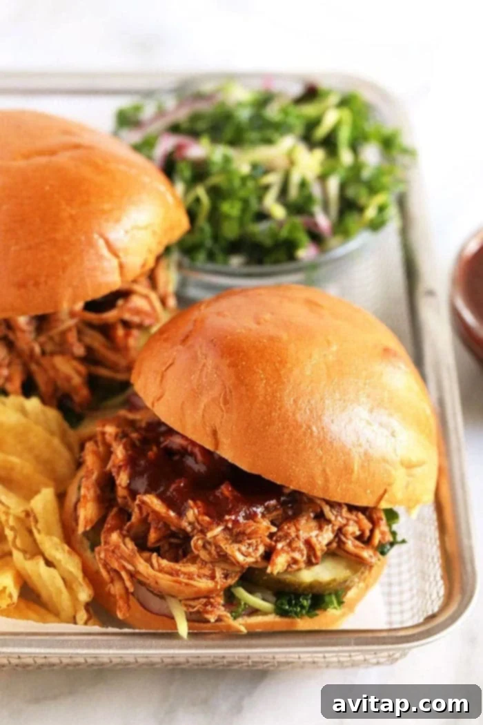 Delicious pulled chicken sandwich on a bun with a side of chips