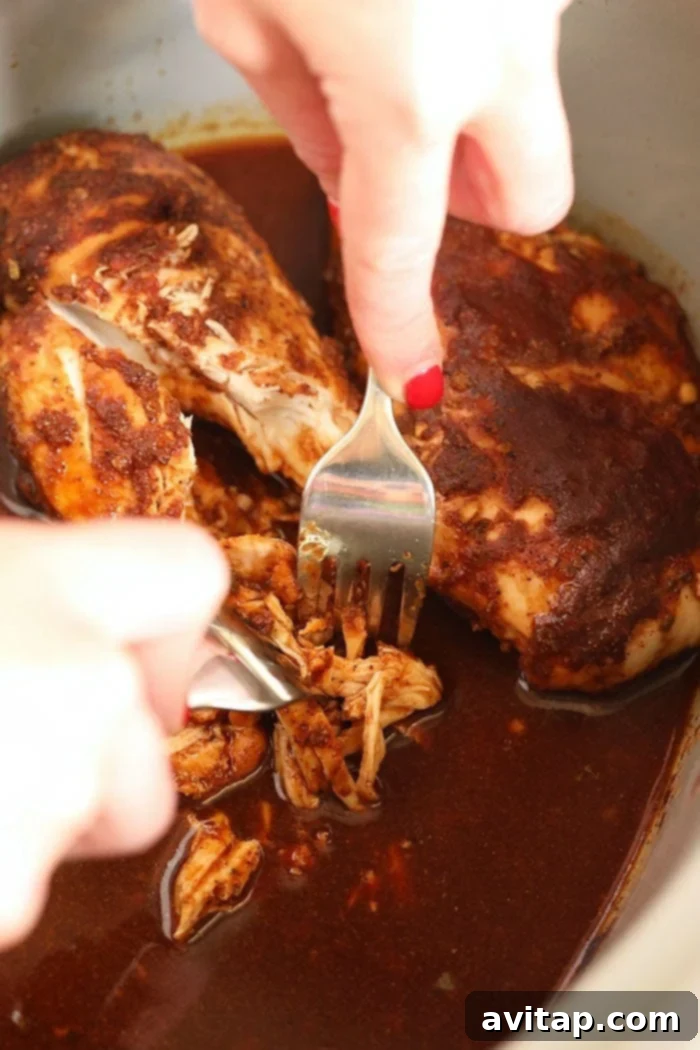 Shredding juicy BBQ chicken directly in the crock pot