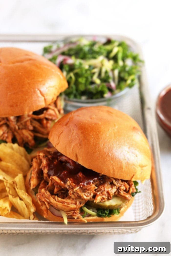 Close-up of a pulled BBQ chicken sandwich on a bun with chips