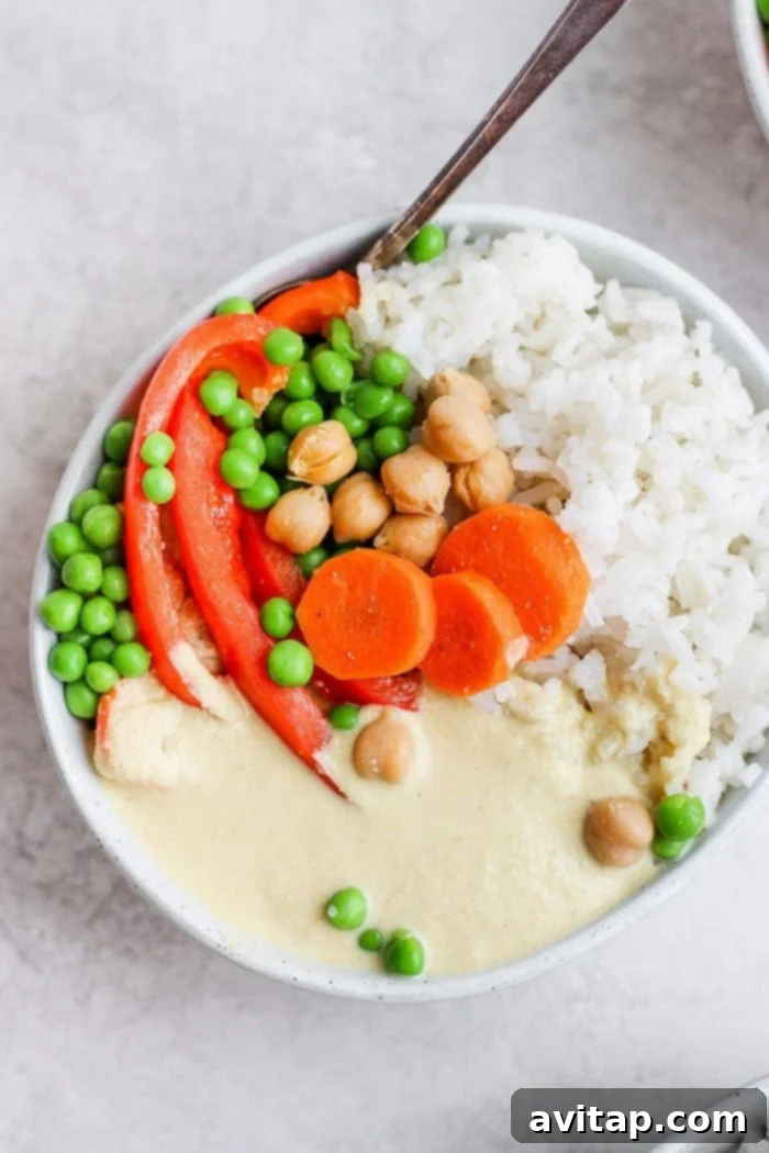 A beautifully plated bowl of creamy cashew curry with rice, garnished and ready to eat.