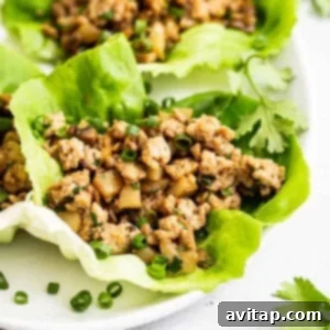 Chicken lettuce wraps with greens from PF Chang's on a white plate.