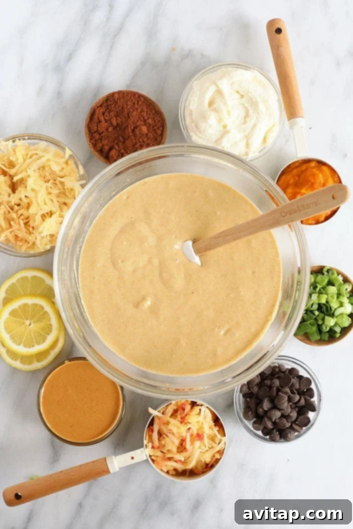Essential ingredients for a healthy pancake base batter laid out around a bowl. Pancake batter in a mixing bowl surrounded by fresh ingredients like eggs, milk, and flour.