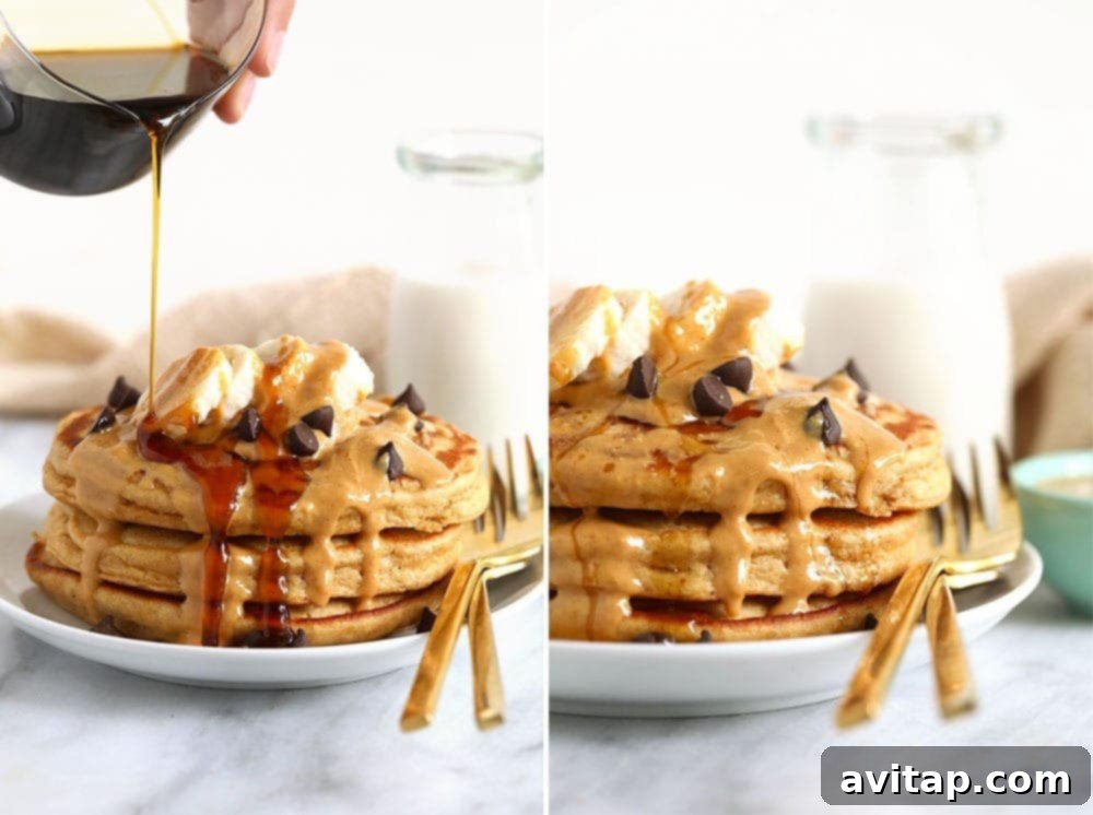 Delicious peanut butter pancakes with banana and syrup. Fluffy peanut butter pancakes drizzled with syrup and topped with banana slices.