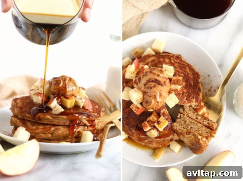 Delicious apple cinnamon pancakes with syrup and fresh apples. Fluffy cinnamon apple pancakes drizzled with syrup and topped with apple slices.