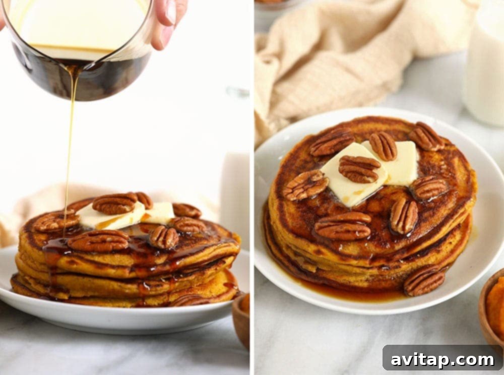 Autumn-inspired pumpkin pancakes with syrup and nuts. A stack of warm pumpkin pancakes with maple syrup and pecans.