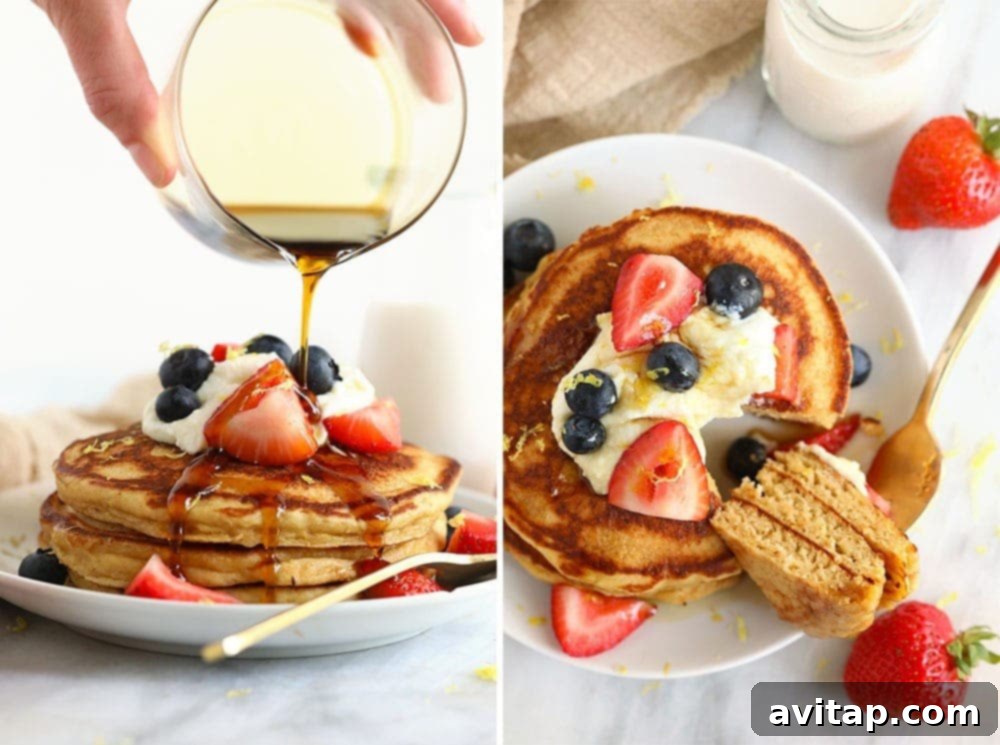 Light and airy lemon ricotta pancakes with fresh fruit. Delicate lemon ricotta pancakes topped with berries and powdered sugar.