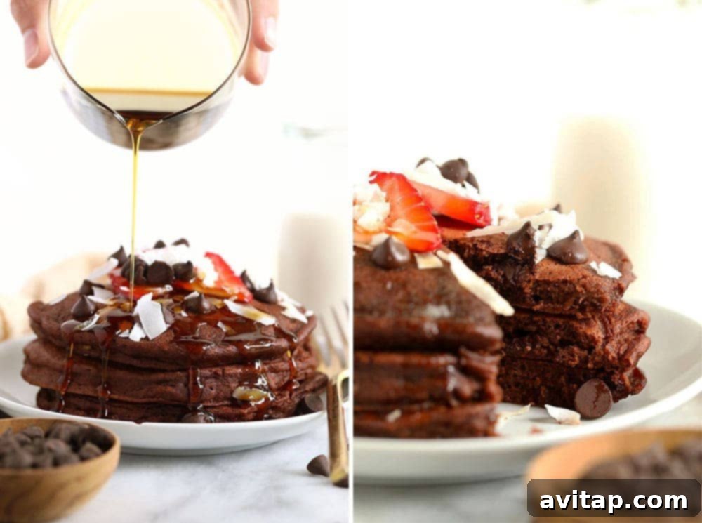 Delicious chocolate chocolate chip pancakes. A stack of rich chocolate chocolate chip pancakes with syrup.