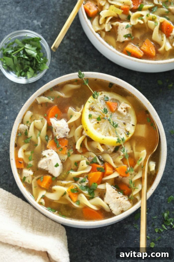 The Best Homemade Chicken Noodle Soup Hearty bowls of homemade chicken noodle soup with fresh herbs and lemon slices, ready to be enjoyed.
